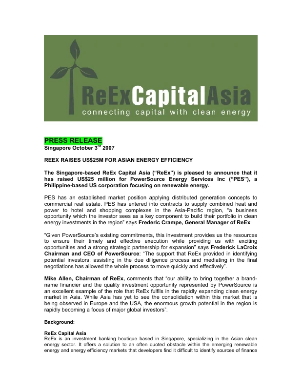 First-page preview of PowerSource financing release