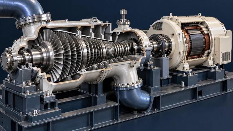 Conceptual turbine-generator cutaway showing blade stages, rotor shaft, generator windings and external pipework.