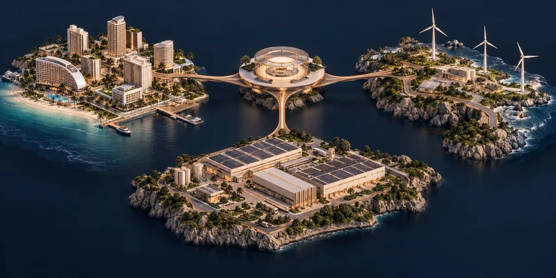 Conceptual comparison of urban buildings, solar-powered industry and a coastal wind-energy landscape.
